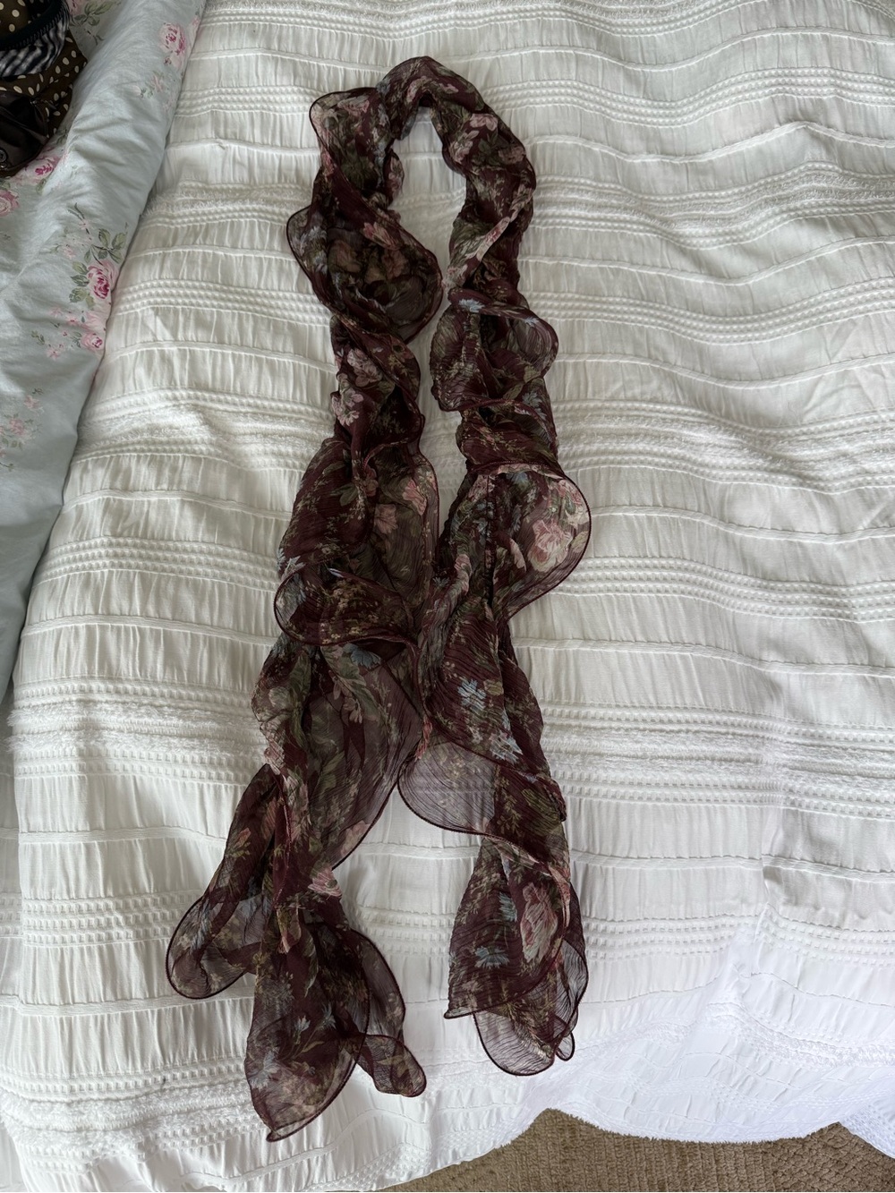 Sheer Floral Ruffle Scarf - Burgundy